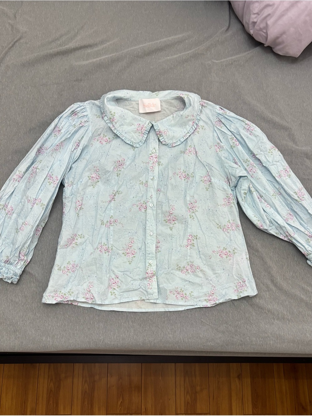 Selkie Pastel Blue Floral Collared Button Top